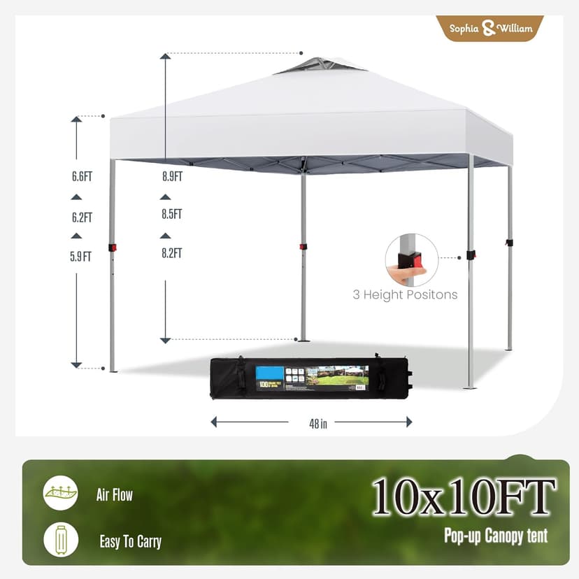 Canopy Tent Pop Up 10x10 ft, Outdoor Patio Portable Commercial Canopies Shelter Heavy Duty Straight Legs with Roller Bag, 8 Stakes, 4 Guy Ropes, UPF50+, White, Sophia & William