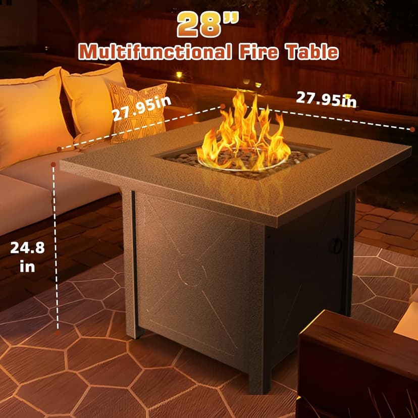 ZAFRO 28" Fire Pit Table, 40000 BTU Propane Fire Pit Table with Lid,Rain Cover and 3 Pounds Lava Stones for Outdoor Backyard, Courtyard