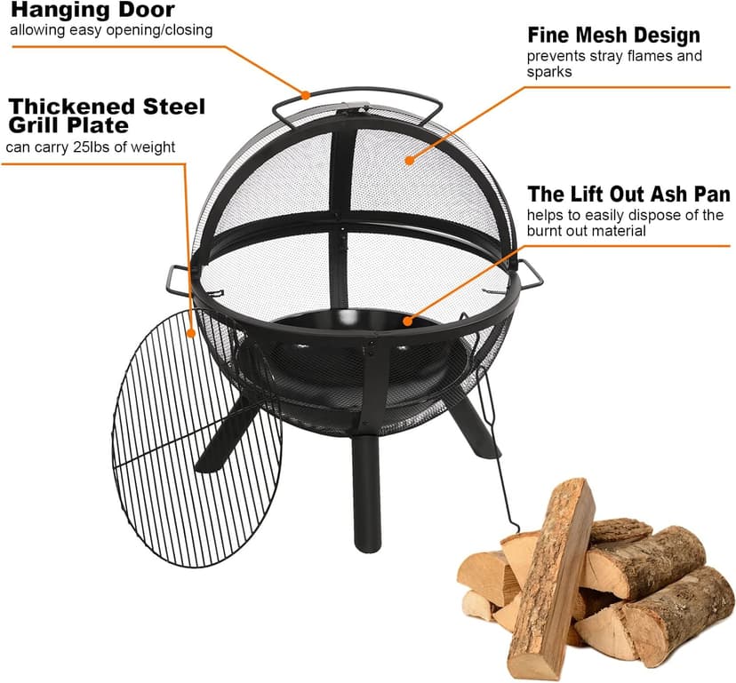 Ikuby Ball of Fire Pit 35" Outdoor fire with BBQ Grill Globe Large Round Pit,Patio Fireplace for Camping, Heating, Bonfire and Picnic
