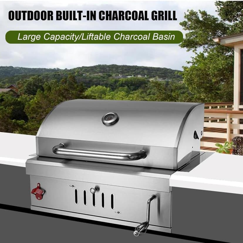 Built In Charcoal Grills Outdoor Kitchens,28-Inch Stainless Steel Charcoal bbq Grill Built In with Liftable Charcoal Tray,Insulated Hood, Temperature Gauge and Rain Fabric cover (Round Lid)