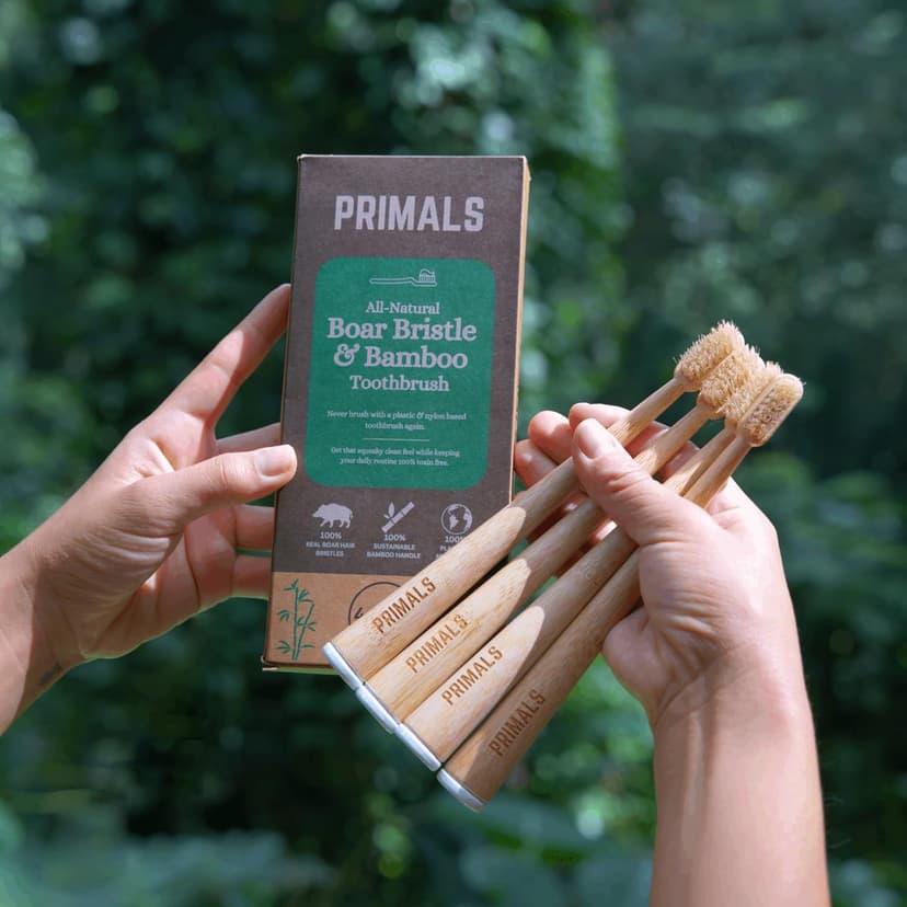 PRIMALS Boar Bristle & Bamboo Toothbrush (4-Pack) - Premium Boar Bristles - Fully Biodegradable - Plastic & Nylon Free - Quick Dry Design