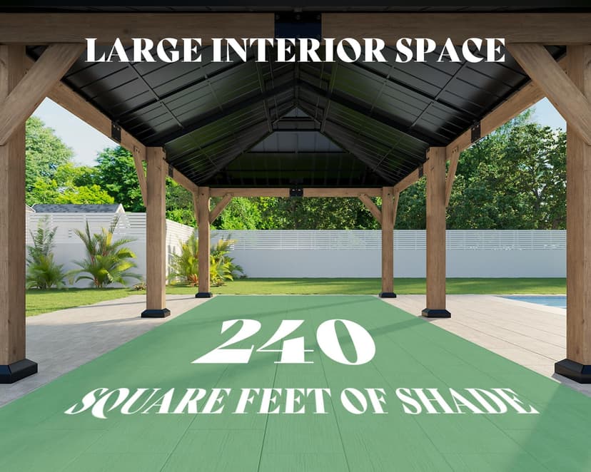 AMERLIFE 12x20 ft Hardtop Gazebo, Solid Wood Gazebo with Iron Double Roof, Outdoor Pergola with Wood Frame for Garden, Porch, Patio, Charcoal Gray + Brown Gray
