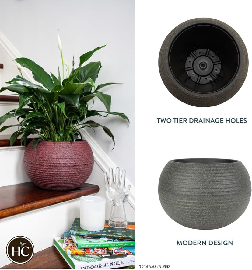 The HC Companies 8 Inch Atlas Sphere Planter - Lightweight Decorative Round Indoor Outdoor Plastic Plant Pot for Herbs and Flowers, Brown