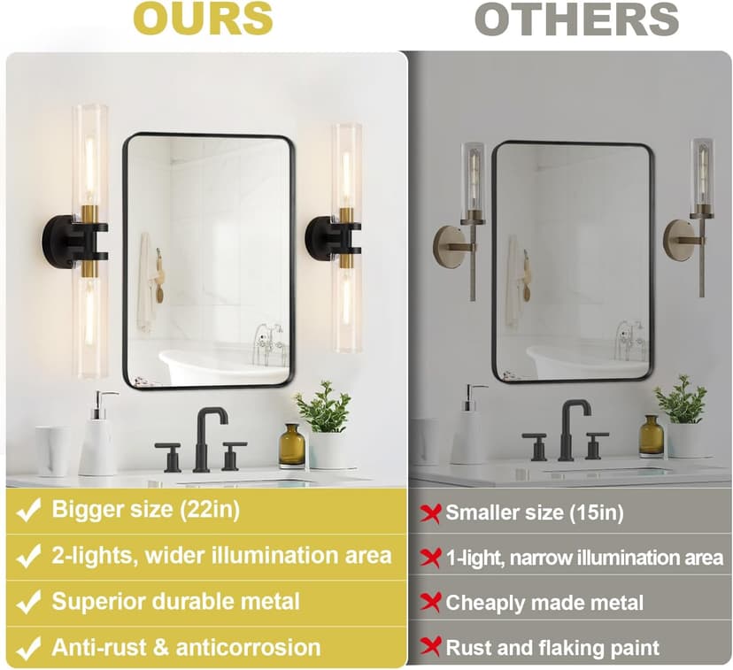 Wall Sconces Set of Two, Black and Gold Bathroom Sconces Wall Lighting with Clear Glass, Modern Sconces Wall Decor Set of 2 Wall Light fixtures for Bathroom Mirror Living Room Hallway Bedroom