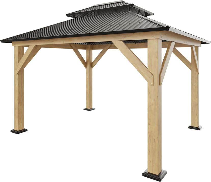 AMERLIFE 10x12 Solid Wood Gazebo, Hardtop Gazebo with Aluminum Double Roof, Outdoor Pergola with Wood Frame for Parties, Backyard, Lawns, Patio