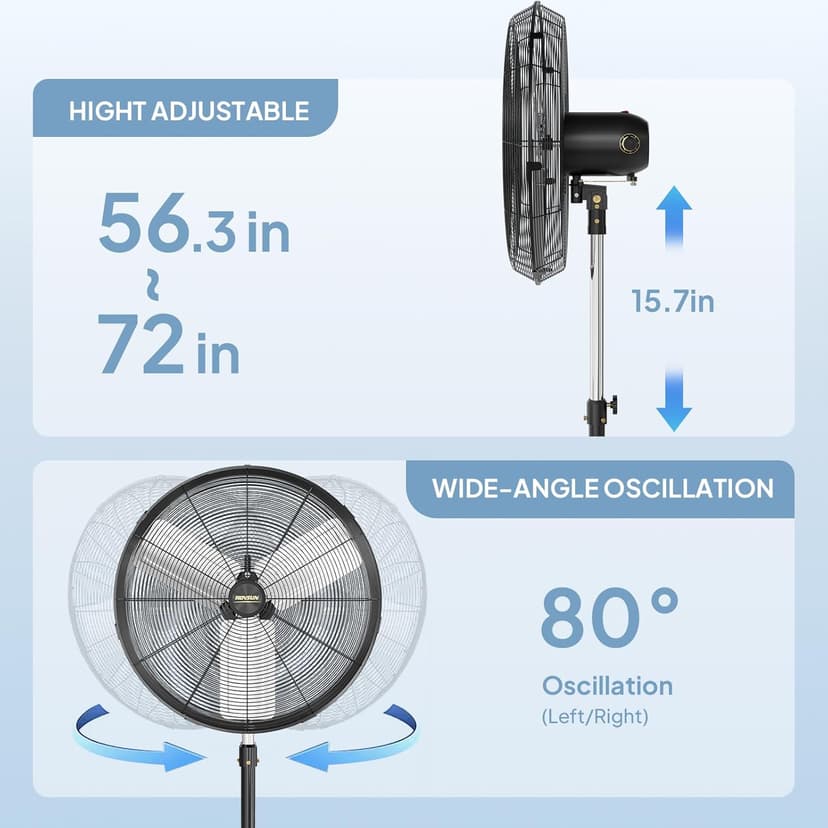 ROVSUN 24 Inch Industrial Pedestal Fan,7600CFM High Velocity and Heavy Duty Standing Fan, Low Noise Metal Fan with One-touch Oscillating Function, Adjustable Height, for Shop, Patio, Garage, UL Listed