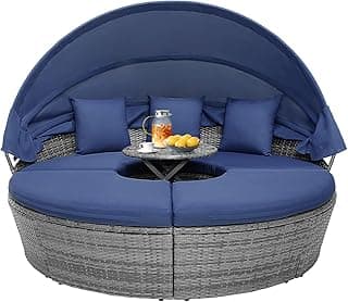 RELAX4LIFE Round Outdoor Daybed with Canopy, Rattan Wicker Sectional Sofa Set w/Cushions, Height Adjustable Table, Conversation Bed Lounger Separated Seating for Outside Pool, Patio Daybed (Navy)