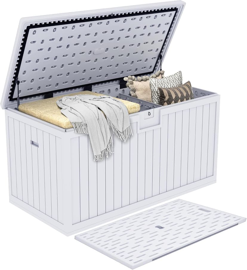 DWVO 230 Gallon Double-Wall Deck Box with Divider, XXL Extra Large Resin Outdoor Storage Box, Lockable & Waterproof, Double as Seating, 1000lbs Capacity (Grayish-White)