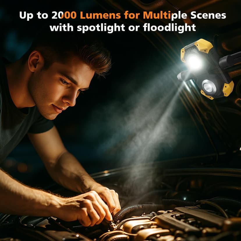 Samyoung 2 Pack Magnetic 2000 LM LED Work Light, 10 Hours Long Lasting 360°Rotating 7000K Warm Rechargeable Work Light Folding Waterproof for Job Site Car Inspection Camping Emergency