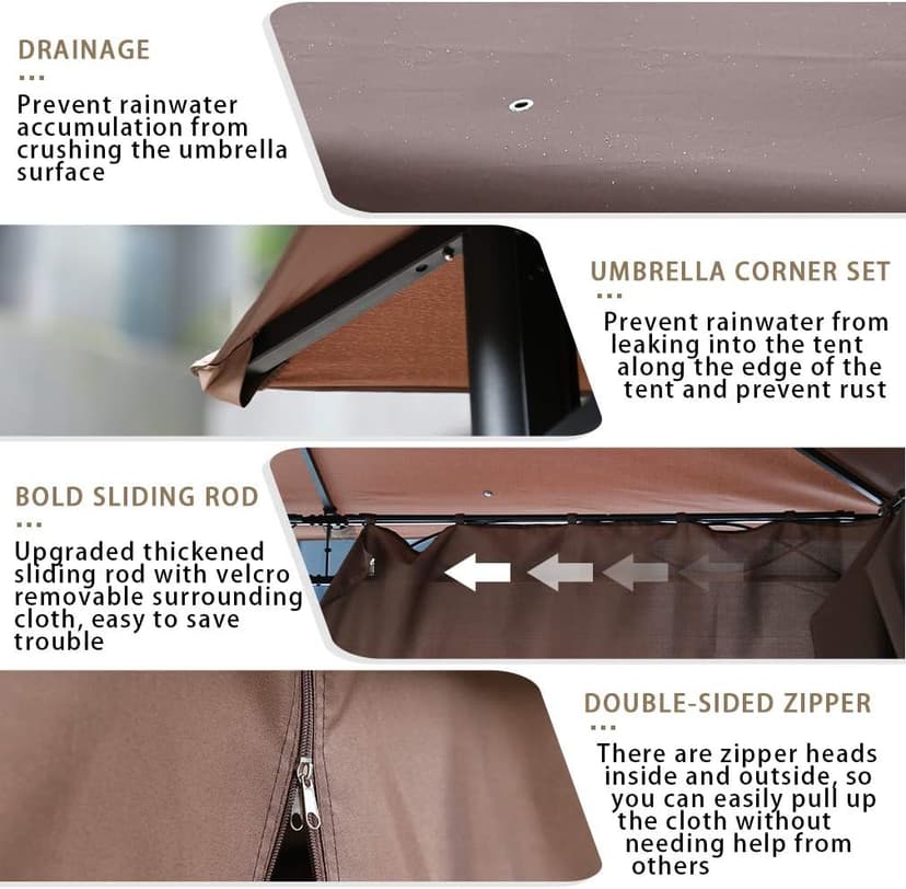 FDW 10'x13' Outdoor Patio Gazebo Heavy Duty Steel Frame Canopy with Double Roof, Privacy Curtains, for Garden, Backyard, and Lawn (Brown)