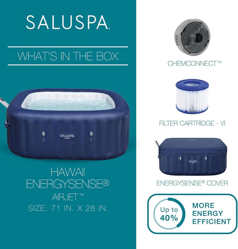 Bestway SaluSpa Hawaii Smart AirJet Inflatable Hot Tub Square Portable 4 to 6 Person Spa with 140 AirJets, App Control and EnergySense Cover, Blue