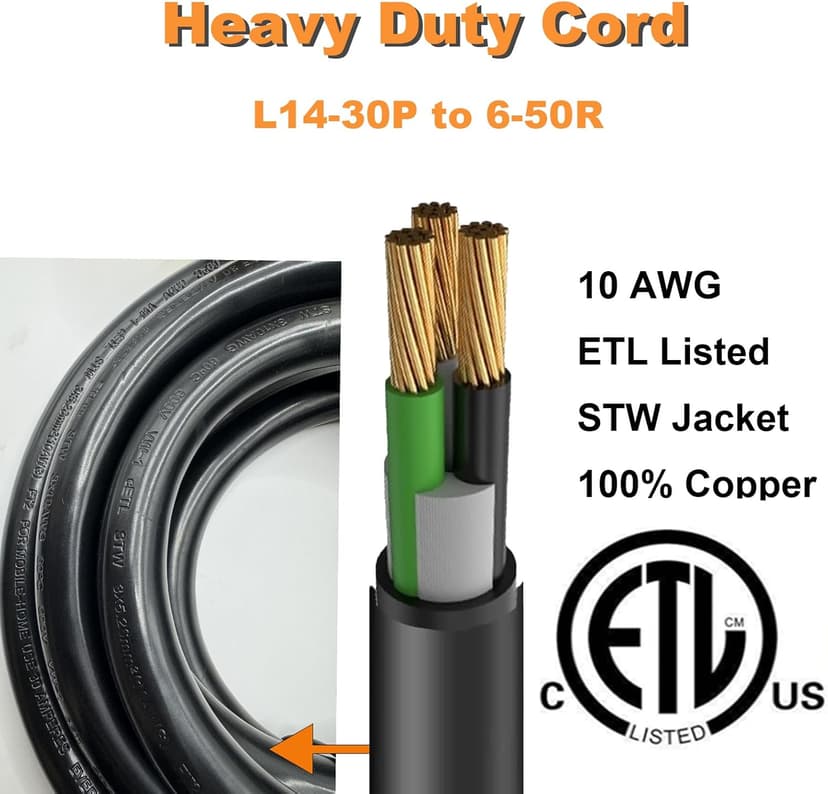 NEMA L14-30P to 6-50R Welder Adapter Plug Cord 1.5 FT, 4 Prong 30 Amp Twist-Lock Generator Male to 3 Prong 50 Amp Welder Female Cord, 10 AWG, Heavy Duty, ETL Listed