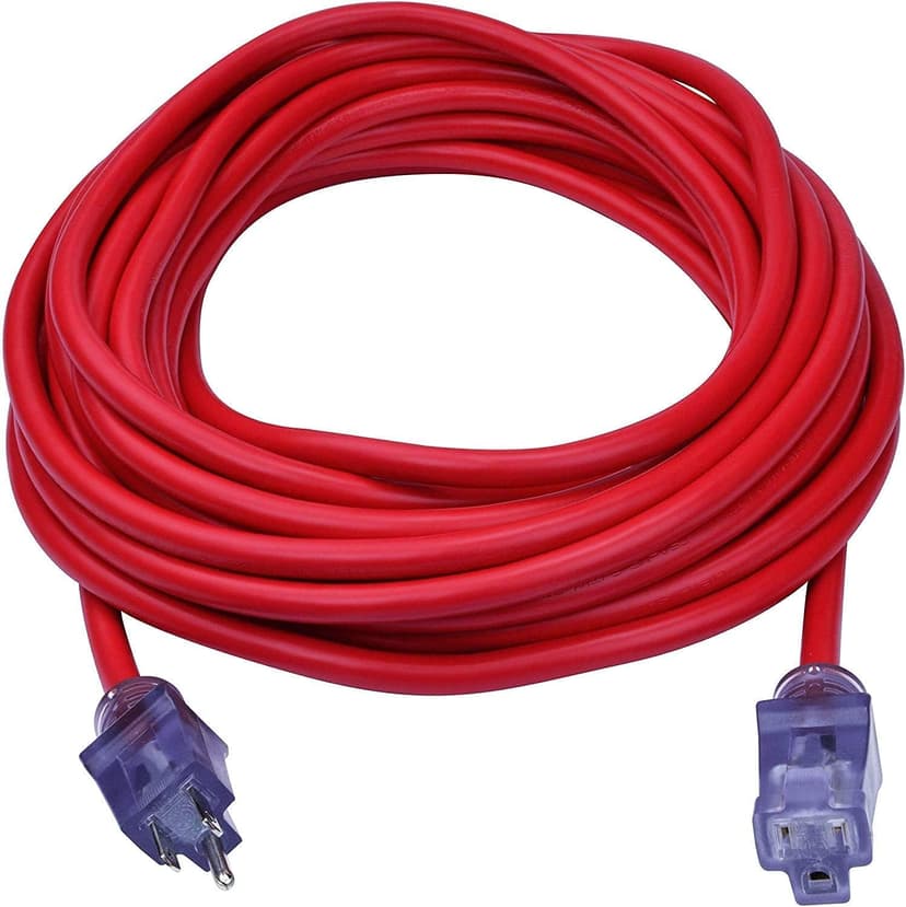 Clear Power 50 ft Heavy Duty Extreme Cold Weather Outdoor Extension Cord 12/3 SJTW, Lighted Connector, Red, Water & Weather Resistant Flame Retardant, 3 Prong Grounded Plug, DCOC-0107-DC