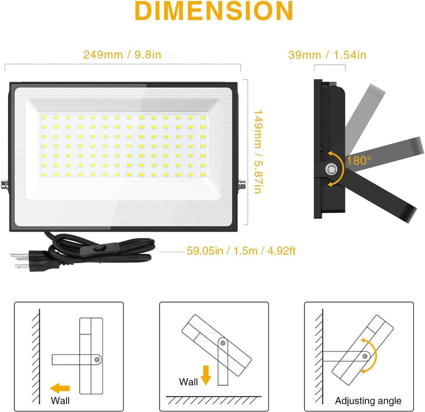 Onforu 100W Flood Lights Outdoor, 9000lm Bright LED Work Light with Plug, 6500K Daylight White LED Flood Lighting, IP66 Waterproof Security Yard Lights for Yard Garage Stadium 2 Pack