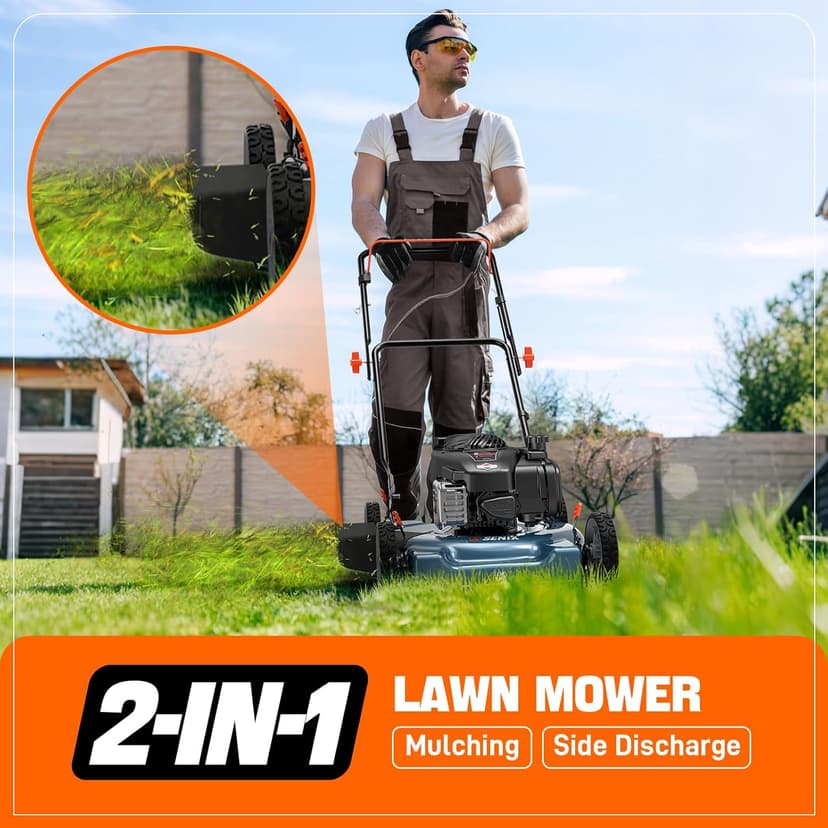 SENIX 20-Inch Gas Lawn Mower with 125 cc 4-Cycle Briggs & Stratton Engine, Side Discharge, 5-Position Single Wheel Height Adjustment (LSPG-L3)