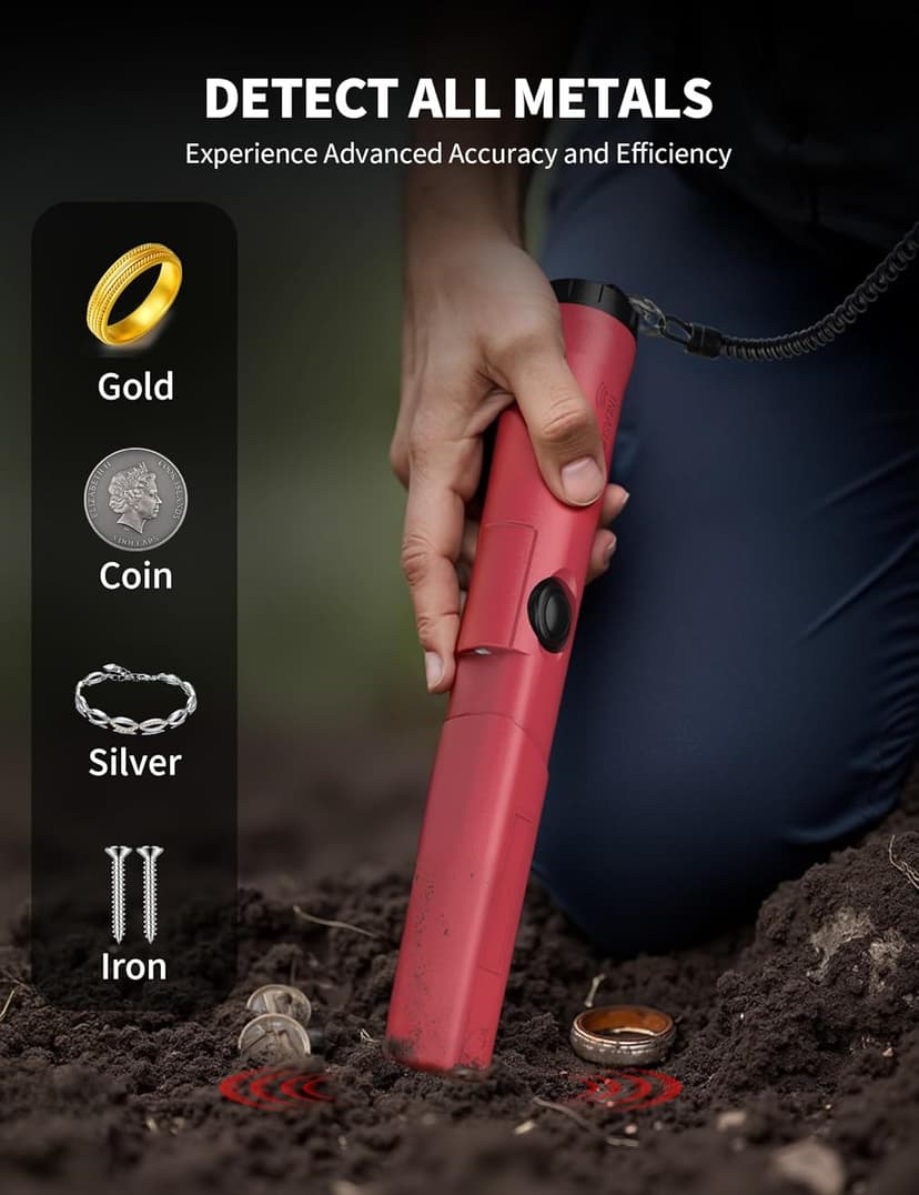 Rechargeable Metal Detector Pinpointer for Adults & Kids, Fully Waterproof Handheld Metal Detector Wand for Underwater, Portable Small Gold Detector Tool with LED Light and Adjustable Sensitivity