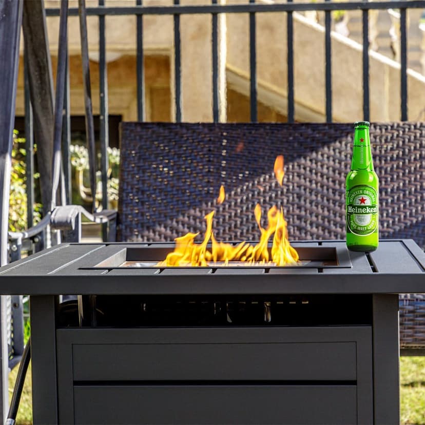 28 inch Propane Fire Pit Table, Outdoor Gas Fire Pits with Lid & Lava Rock, 50000 BTU Firepit for Dinning, Party in Outside, Patio, Garden or Yard (Black)