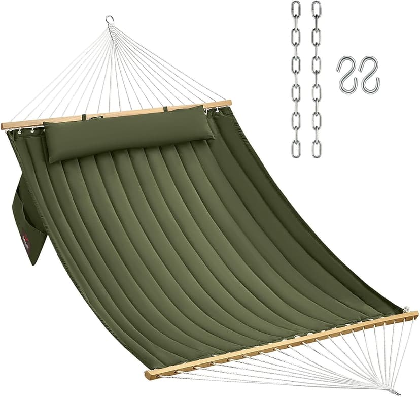 Double Quilted Fabric Hammock with Hardwood Spreader Bars and Pillow 450 LBS Capacity 2 Person Hammock Large Hammock for Outdoor Patio Backyard Poolside - Green