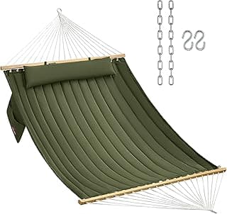 Double Quilted Fabric Hammock with Hardwood Spreader Bars and Pillow 450 LBS Capacity 2 Person Hammock Large Hammock for Outdoor Patio Backyard Poolside - Green