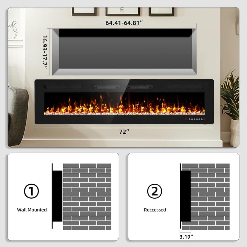 72” Recessed and Wall Mounted Fire Places Electric Fireplace Ultra Thin with Remote Control, Toucn Screen
