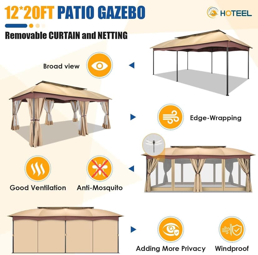 HOTEEL Gazebo 12x20, Outdoor Gazebo on Clearance with Double Ventilated Arc Roof, Privacy Curtains & Mosquito Netting, Easy Set up Canopy Tent with Stable Metal Frame for Patio, Khaki (Upgraded 2.0)
