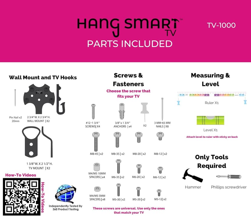 HangSmart TV® Wall Mount NO Stud - Original & Patented Easy Install, DIY for 19-100" TVs, Holds Up to 150LBS, Fits Most LED LCD Flat Screens & Monitors, Includes Hardware