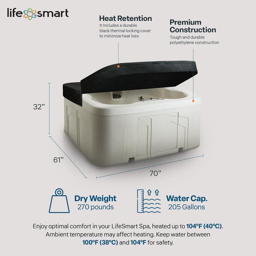 LifeSmart 4-Person Hot Tub, Outdoor Spa with Cover and LED Lights, Square, Beige - Above-Ground Spa Machine with Accessories for Home and Personal Relaxation