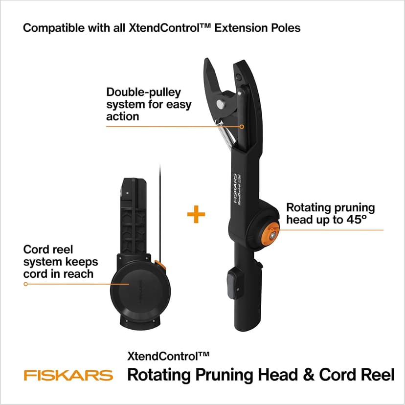 Fiskars XtendControl Rotating Tree Pruner Head with Automatic Cord Reel with 45 Degree Rotation, Compatible with all XtendControl Extension Poles (Pole Not Included)