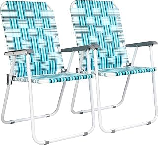 VINGLI Patio Lawn Webbed Folding Chairs Set of 4, Outdoor Beach Chair Portable Dining Chair for Outdoor Yard, Garden (White & Blue, Classic)