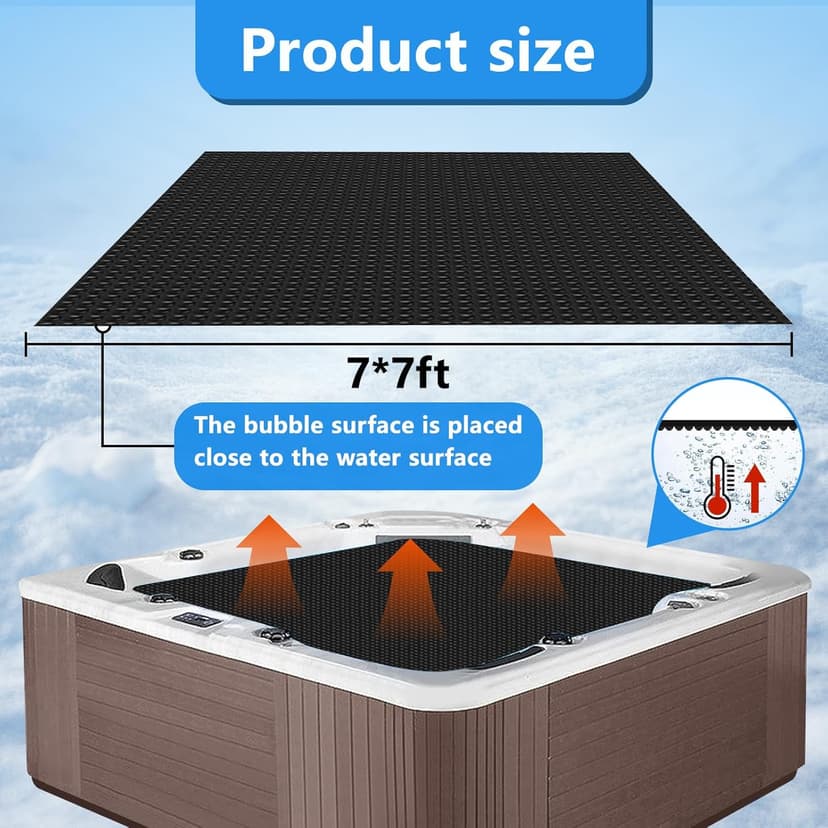 7 x 7 FT Spa and Hot Tub Cover, 16Mil Square Hot Tub Thermal Blanket, Insulation Solar Blanket Bubble Cover for Energy Efficiency & Safety