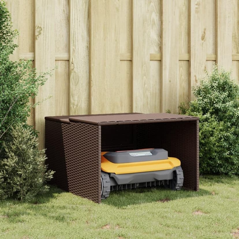 vidaXL Robot Mower Garage - Brown Poly Rattan, Weather-Resistant Storage Shed, 33.9"x35.4"x20.5"/22.4" for Garden Robotic Lawn Mower