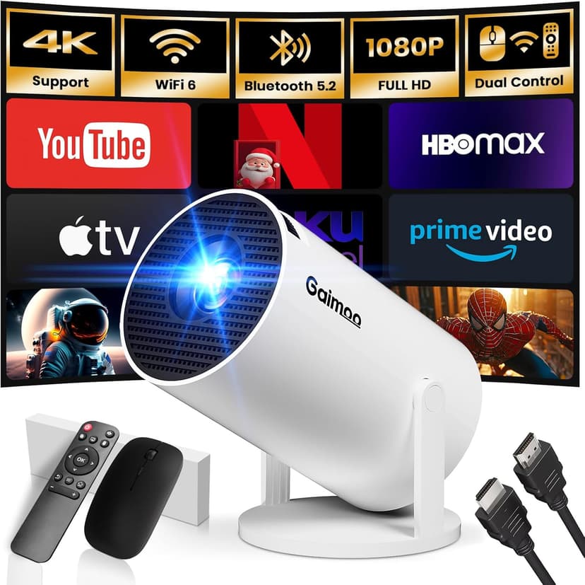 [Built-in App] Mini Projector 2025 Upgraded 1080P FHD 4K Support Projector with Mouse Portable Projector with WiFi and Bluetooth Auto Keystone HDMI/TV Stick/PS5/Laptop, with HDMI Cable & Mouse