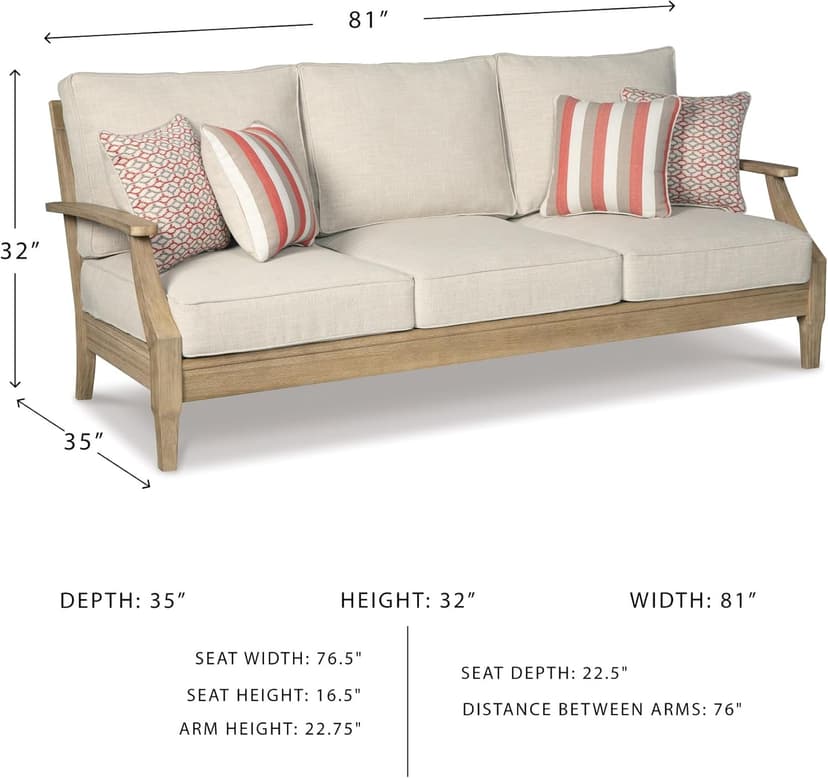 Signature Design by Ashley Clare View Coastal Outdoor Patio Eucalyptus Sofa with Cushions, Beige