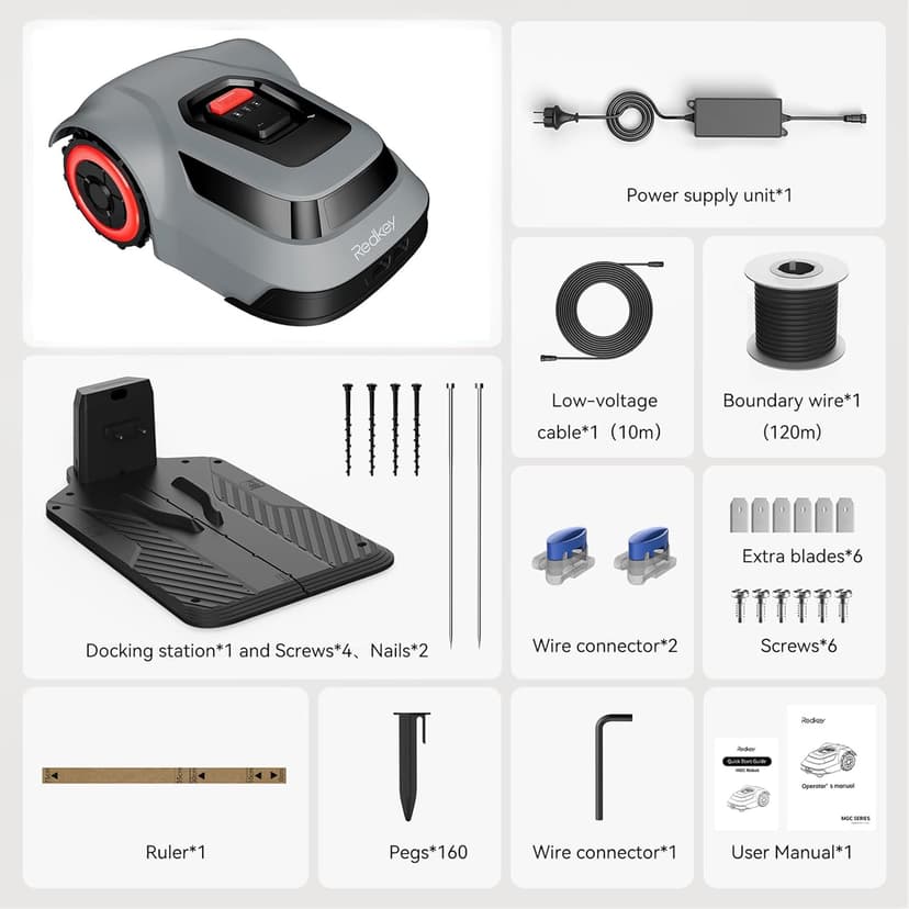 MGC500 Robot Lawn Mower with 393ft Boundary Wires for 0.12 Acre (1/8 Acre), 45% Slope, 70Min Runtime, Auto Recharge, Automatic Robotic Lawn Mower w/Precise Location & Breakpoint Detection