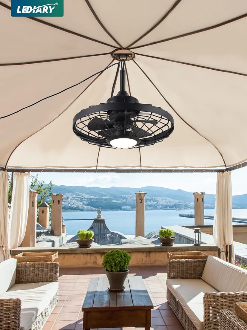 LEDIARY 20" Outdoor Ceiling Fans with Lights and Remote Control, Waterproof Caged Ceiling Fan with 3 Color LED Light,Portable Hanging Gazebo Fan with Plug in Cord Hook for Patios,Black