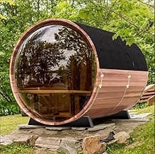 Outdoor Wooden Panoramic Barrel Sauna, 4-6 Person Sauna Room 220V， 6kw Toule Electric Heater， Accessories and Asphalt Shingle Roof (Red Ceder)