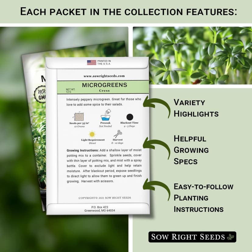 Sow Right Seeds - Microgreens Seed Sample Pack - 10 Packets of Healthy Superfoods to Sprout and Grow Indoors on Your Kitchen Counter - Broccoli, Cress, Sunflower, Arugula, Kale, Radish, Pea, and More