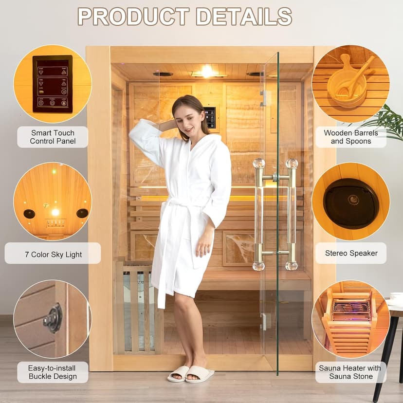 Smartmak Wood Home Steam Sauna, 3 Person Canadian Hemlock Traditional Luxurious Wooden Indoor Spa Room, with 3.5 kw Heater, Bluetooth Speaker, Rocks, Water Bucket, Spoon, Hygrothermograph, Lights