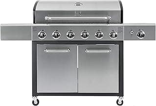 Kenmore 6-Burner Propane Gas BBQ Grill with Side Burner, 73,000 BTUs, Stainless Steel Cabinet Grill with Cast Iron Grates for Outdoor Cooking, Backyard BBQ, Patio, Large Parties