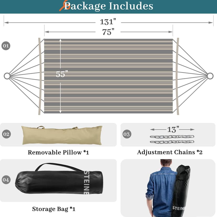 Double Hammock, 11 FT Quilted Fabric 2 Person Hammock for Outside with Pillow, Folding Curved Spreader Bar, Chains, Carrying Bag, Indoor Outdoor, 450 IB Capacity, GreenLeaves