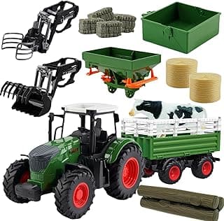Farm Toys Tractor with Trailer-16.5 Inches Tractor Playset 1/24 Scale Gripper Frontloader Spreader for Boys Kids Toddlers Age 3-7 Years Old