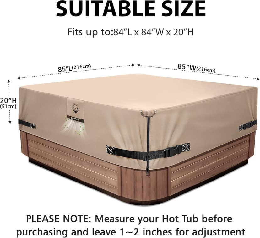 1000N Tearing Strength Hot Tub Cover Protector [900D Upgrade Fabric] 85 x 85 inch fits 84 x 84, 83 x 83, 82 x 82 inch or 81 x 81 Square SPA, Hot Tub Covers Replacement-Wheat