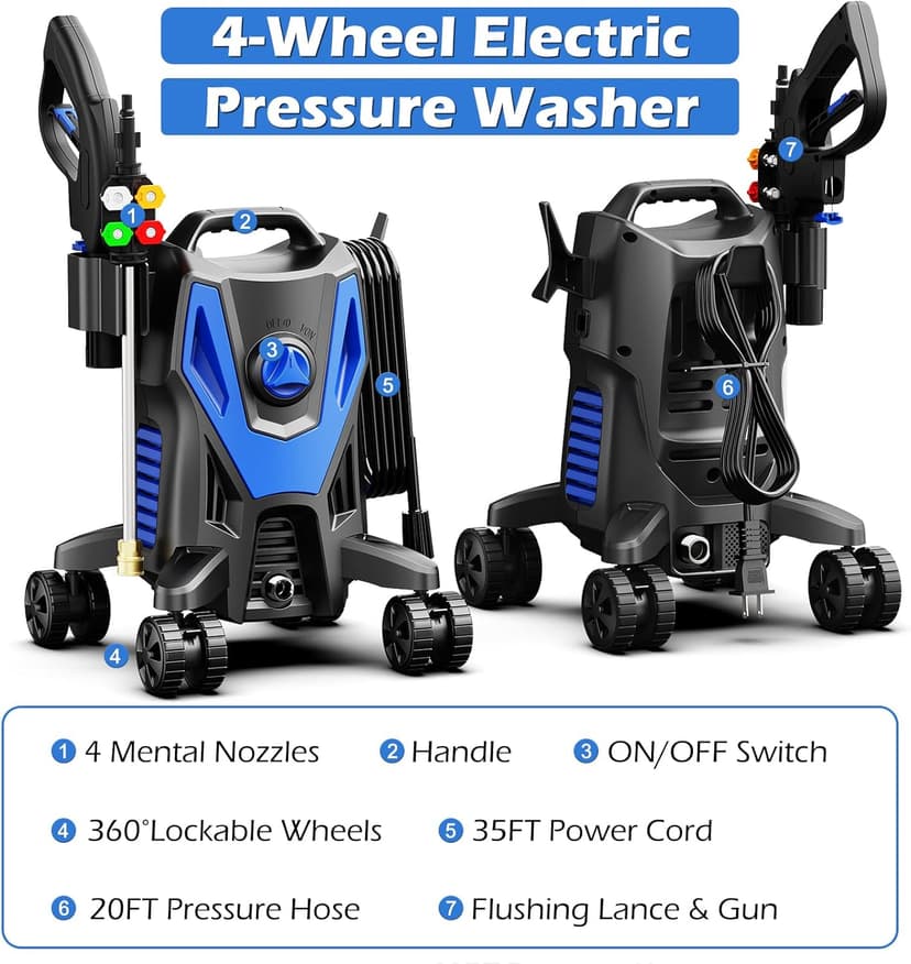 Electric Pressure Washer, 4200PSI 2.8GPM, Foam Cannon, 4 Nozzle Tips, 20 FT Hose, 35FT Power Cord, Strong Power Washer with Anti-Tipping Technology for Cars, Garden, Fences, Patios, Driveways