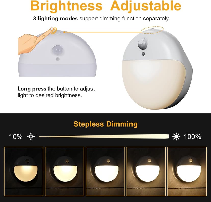2 Pack Stair Lights Indoor, Stick on Lights, Motion Sensor Night Light, 3 Modes, Dimmable, Portable Battery Night Light for Closet, Cabinet, Bathroom, Bedroom, Kids, Tents, Travel, Warm White