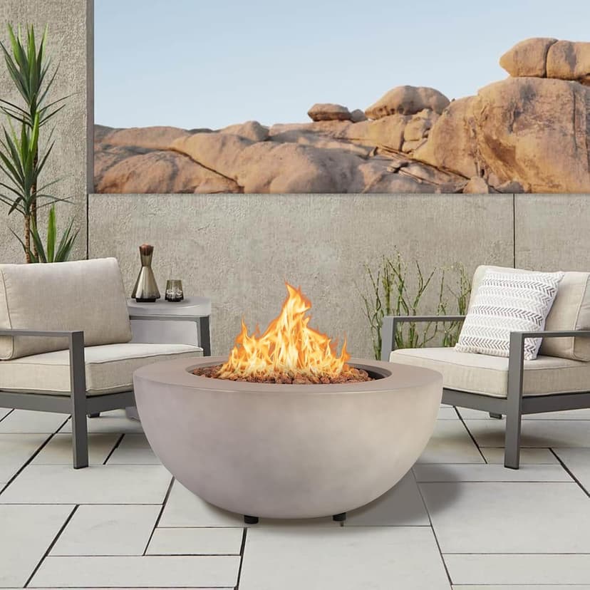 Outdoor Propane Fire Pit Table - 31.5 Inch Concrete Round Fire Table Bowl 50,000 BTU Gas FirePit Burner with Steel Lid, Lava Rocks, Rain Cover for Outside Patio, Backyard, Party