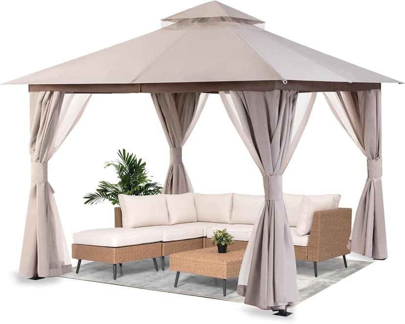 LAUSAINT HOME Outdoor Patio Gazebo with Expansion Bolts, Double Roof Soft top Gazebos Shelter Party Tent with Mosquito Nettings and Privacy Screens for Backyard, Deck, Garden, Lawn (10x10, Khaki)