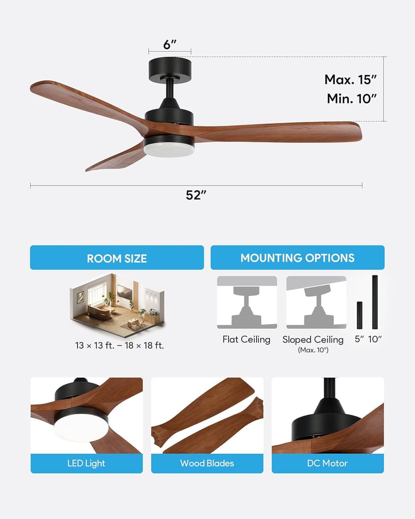 VONLUCE Ceiling Fans with Lights, 52 Inch Ceiling Fan and Remote, 6 Speed Reversible Noiseless DC Motor, 3CCT, Wood Ceiling Fan for Outdoor Indoor Farmhouse Patios, Walnut