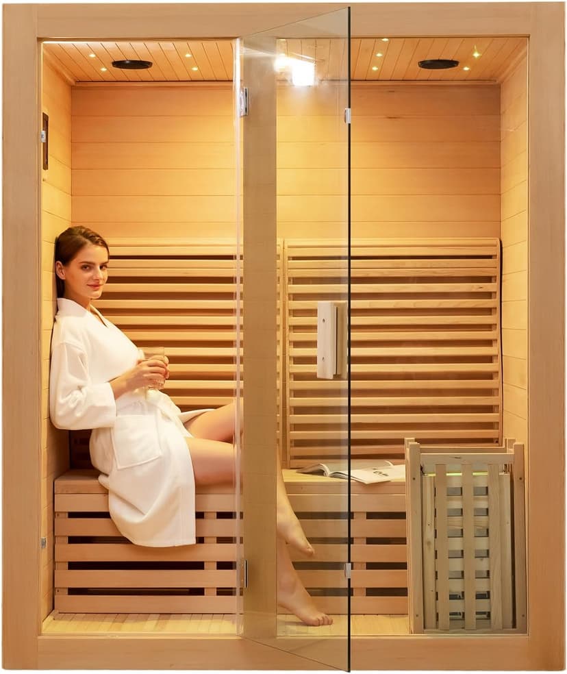 ZONEMEL Wooden Steam Sauna Room, 2 Person Canadian Hemlock Luxurious Indoor Sauna with 3.5 KW Harvia Stove Heater, Bluetooth Speaker, Sauna Stone, Wooden Bucket, Scoop, Reading Light, Hourglass