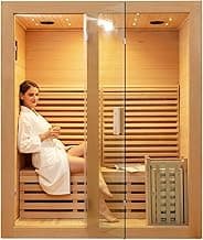 ZONEMEL Wooden Steam Sauna Room, 2 Person Canadian Hemlock Luxurious Indoor Sauna with 3.5 KW Harvia Stove Heater, Bluetooth Speaker, Sauna Stone, Wooden Bucket, Scoop, Reading Light, Hourglass