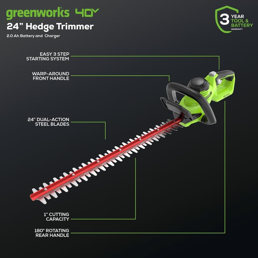 Greenworks 40V 24" Cordless Hedge Trimmer (1" Cutting Capacity), 2.0Ah USB Battery and Charger Included
